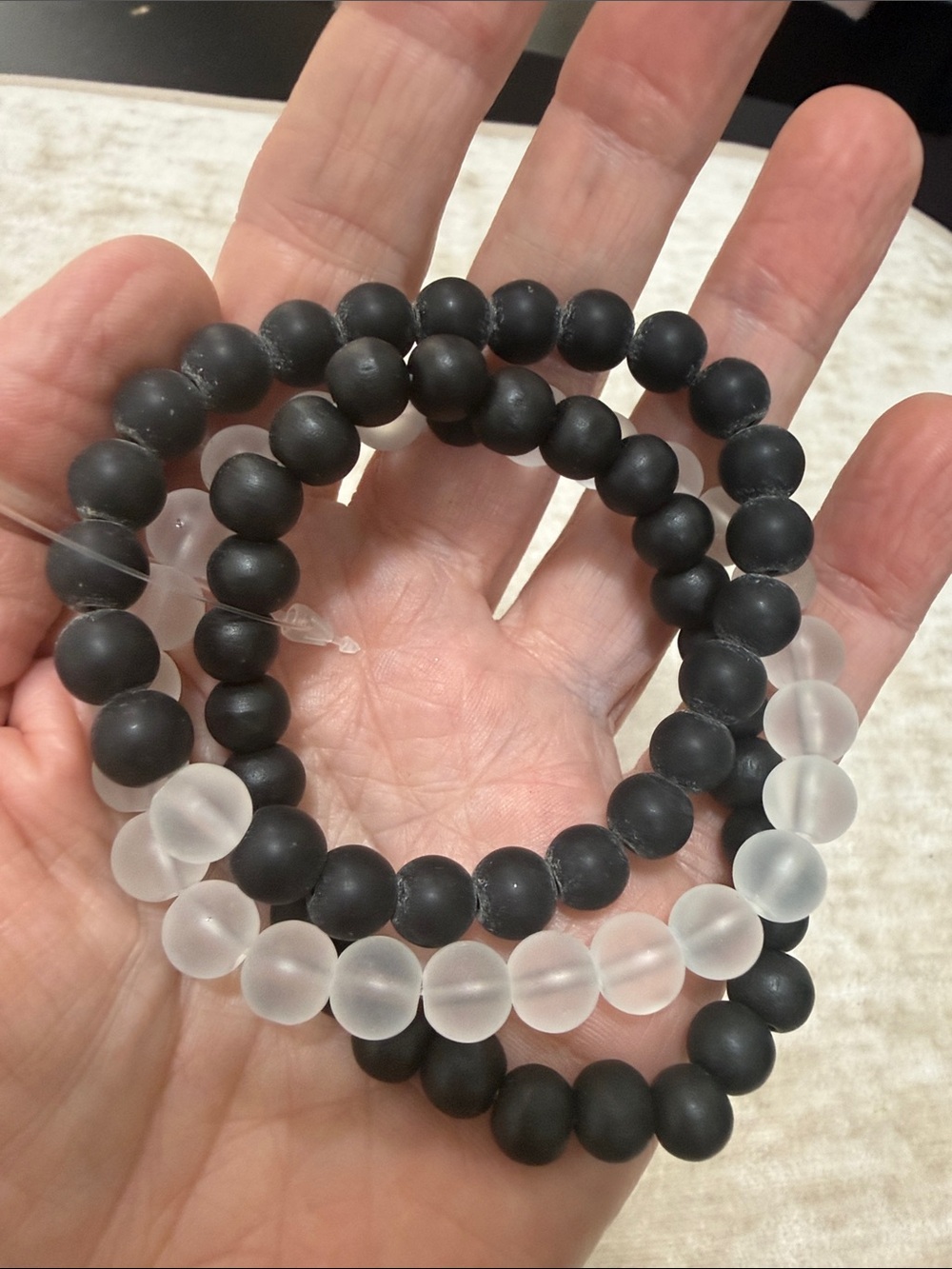 Matte Black and Frosted White glass Bead Stretch Bracelet Set